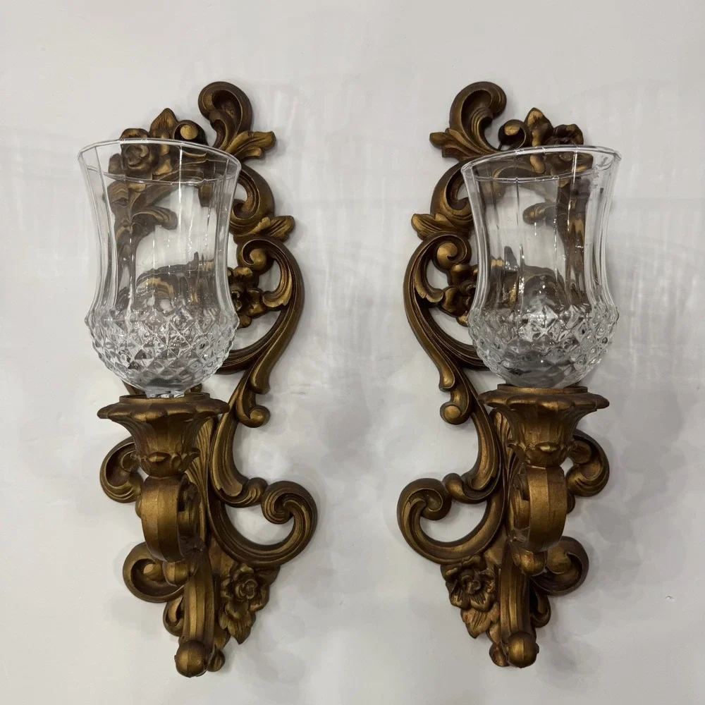 Vintage Homco Wall Sconces 2 Ornate Gold Scroll Candle Holders w/ Glass Votives